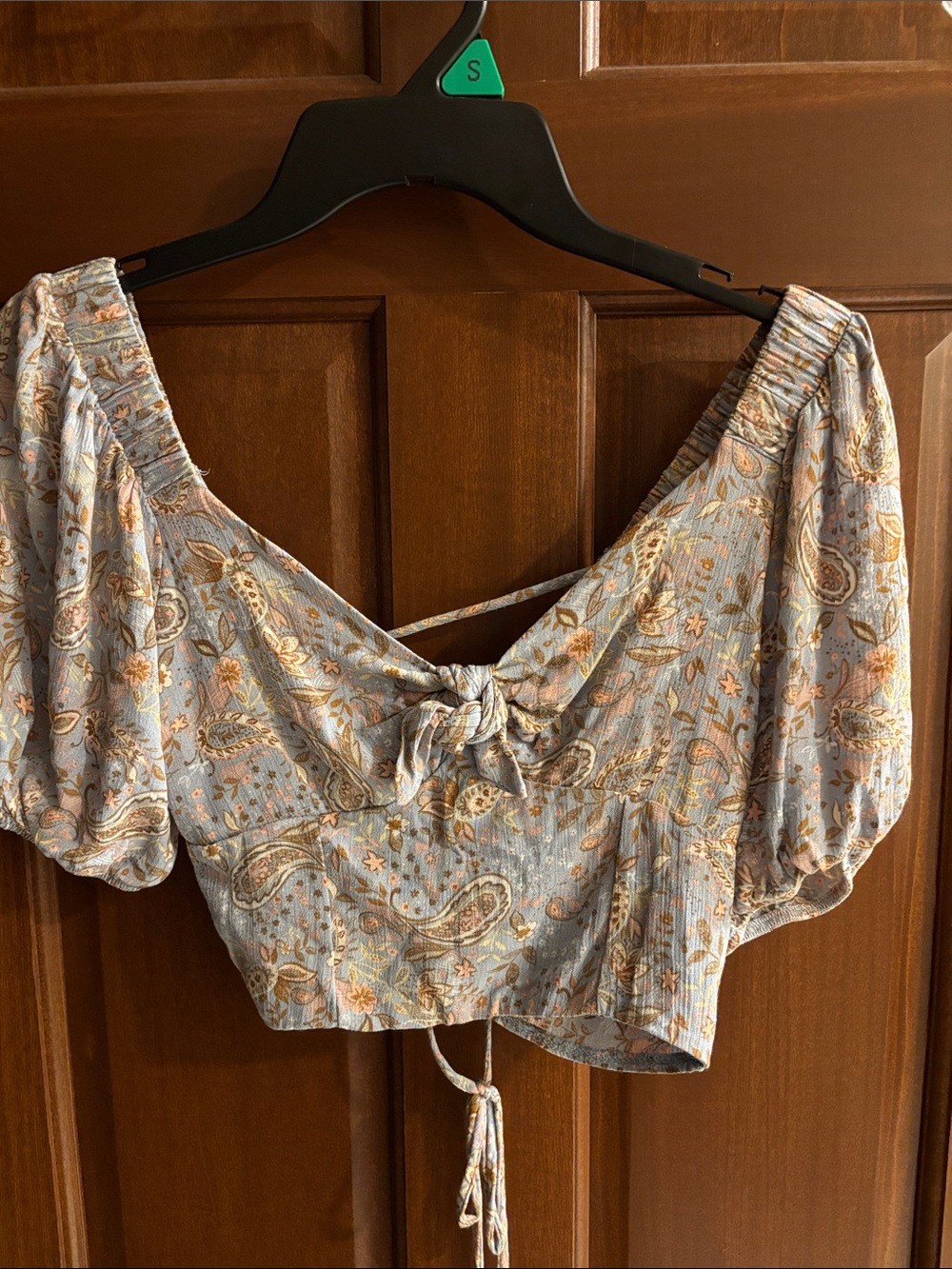 Altar'd State Blue Paisley Tie-Front Puff Sleeve Crop Top, Sz XS